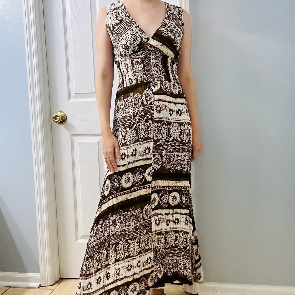 Y2K Patterned Maxi Dress Brown Fairy Vacation Summer Casual Boho Size Small